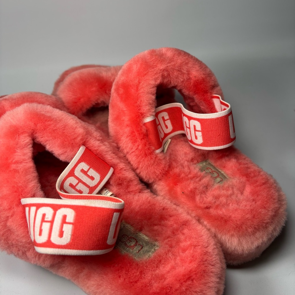 UGG Oh Yeah Fluff Womens Size 10 Coral Sheepskin Slingback Slippers Shoe - Picture 4 of 9